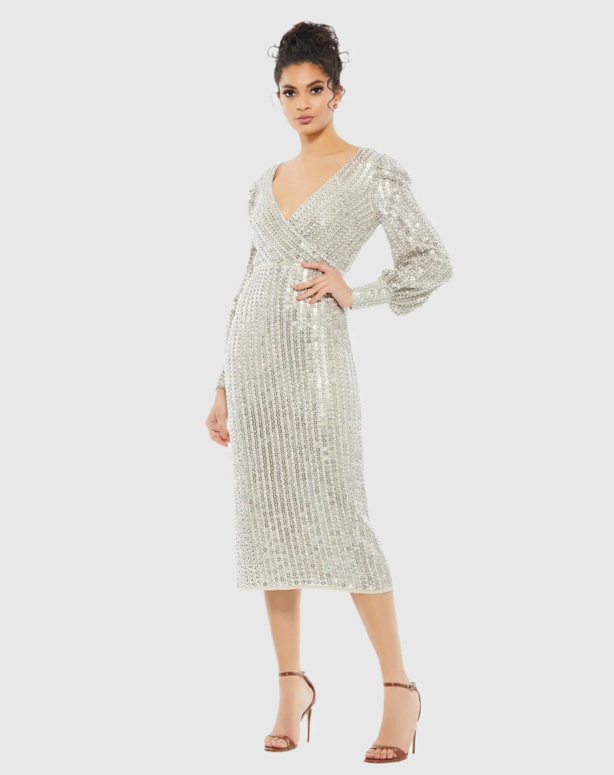 Silver Long Sleeve Midi Dress