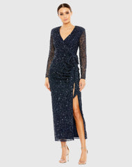 Navy Long Sleeve V-Neck Sequin Dress - FINAL SALE