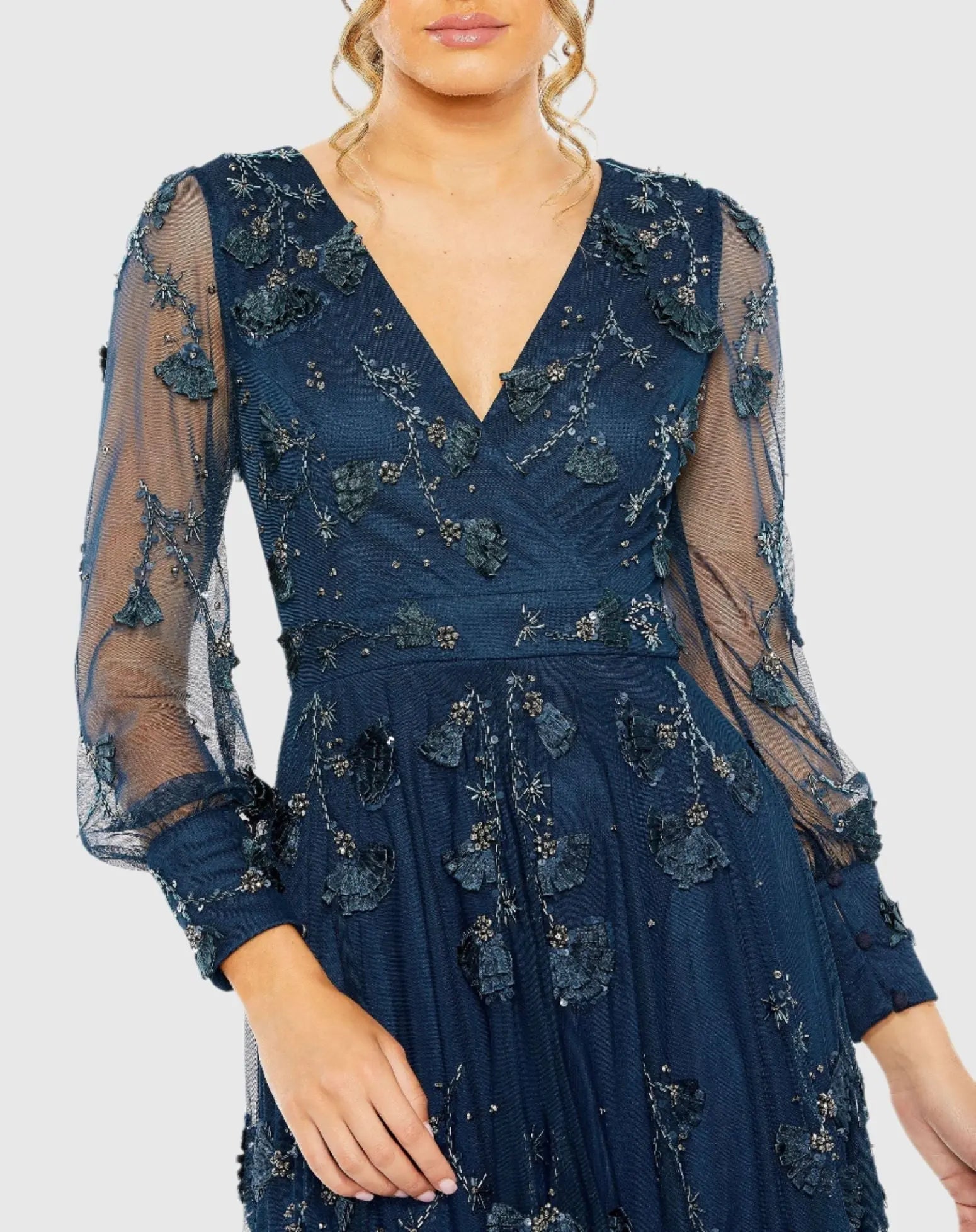 Navy Mesh Long Sleeve V-Neck Tiered A Line Gown