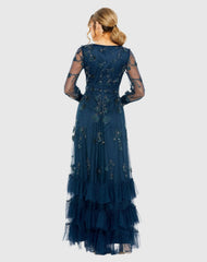 Navy Mesh Long Sleeve V-Neck Tiered A Line Gown