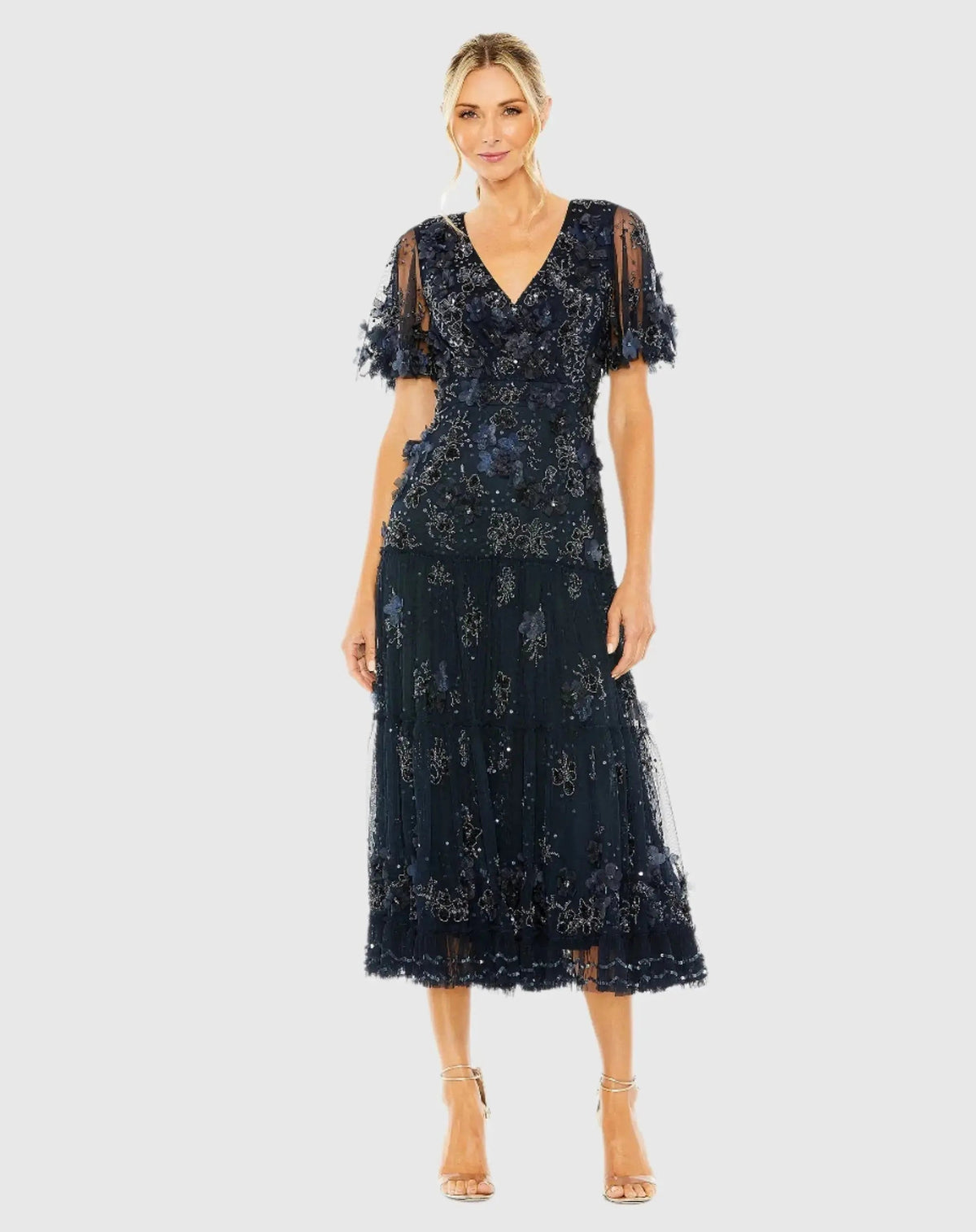 Navy Floral Embellished Flutter Sleeve Tiered Dress