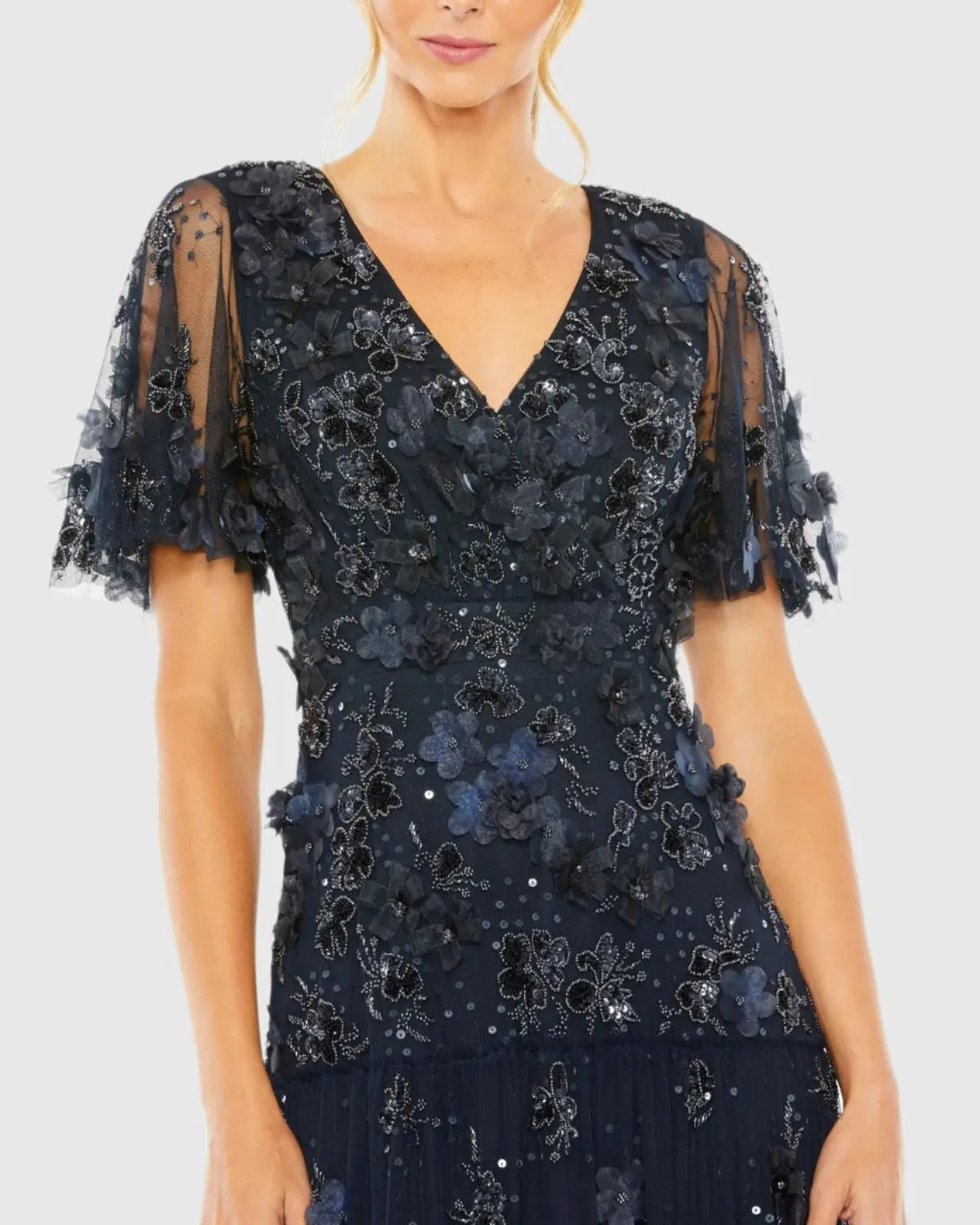Navy Floral Embellished Flutter Sleeve Tiered Dress