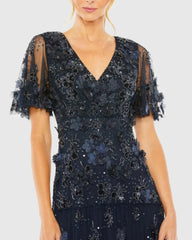 Navy Floral Embellished Flutter Sleeve Tiered Dress