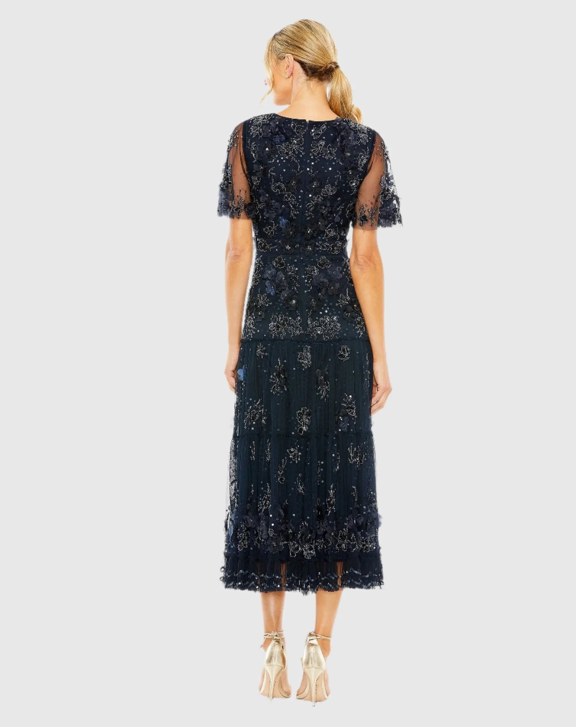 Navy Floral Embellished Flutter Sleeve Tiered Dress