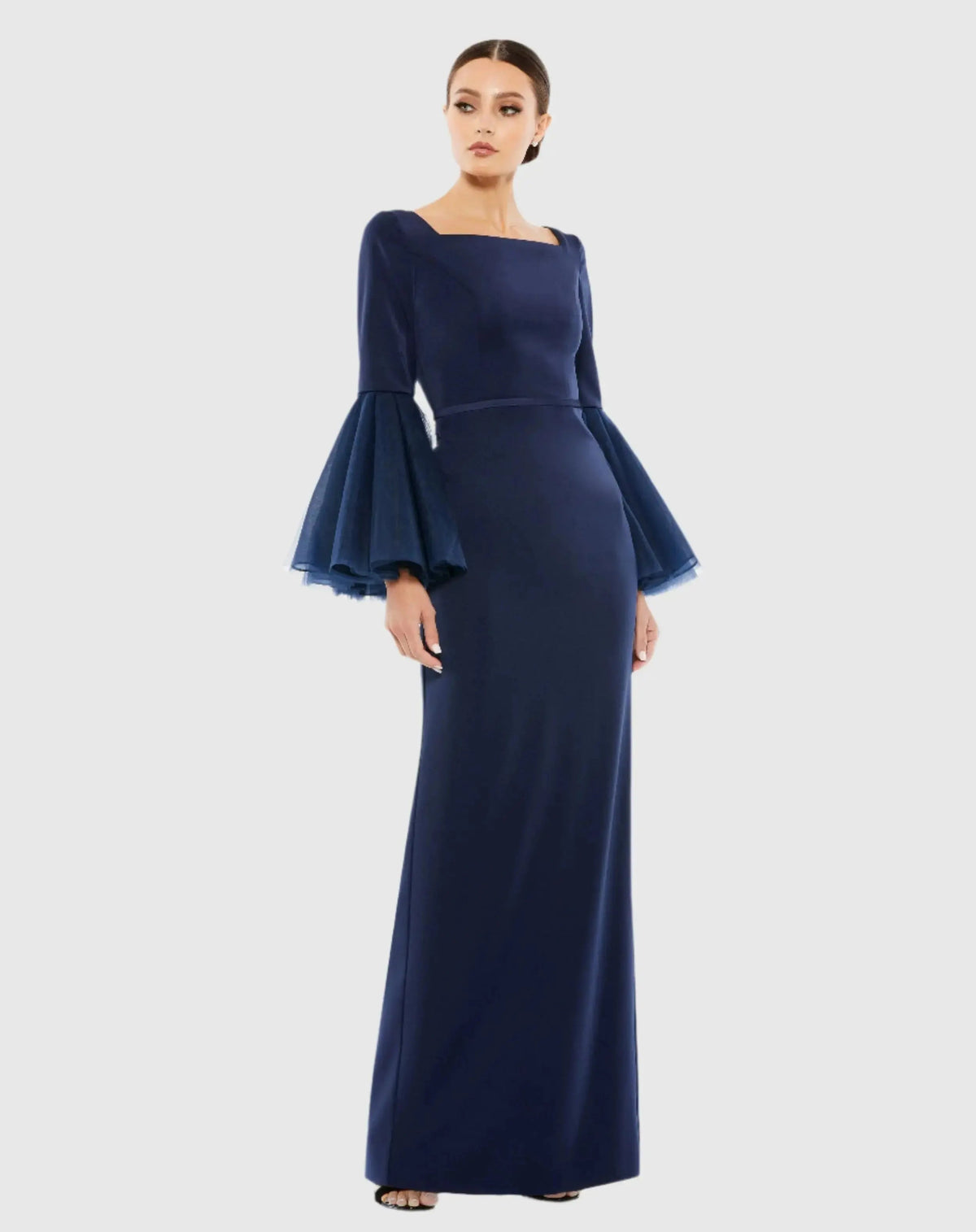 Navy Flounce Sleeve Square Neck Column Gown