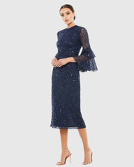 Navy Fully Sequined Ruffle Tiered 3/4 Sleeve Midi Dress