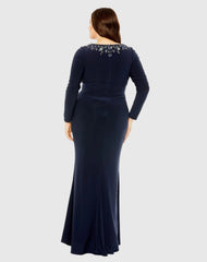 Navy Long Sleeve Embellished Neckline Jersey Gown