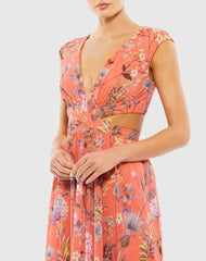 Orange Cut Out Cap Sleeve V Neck Gown