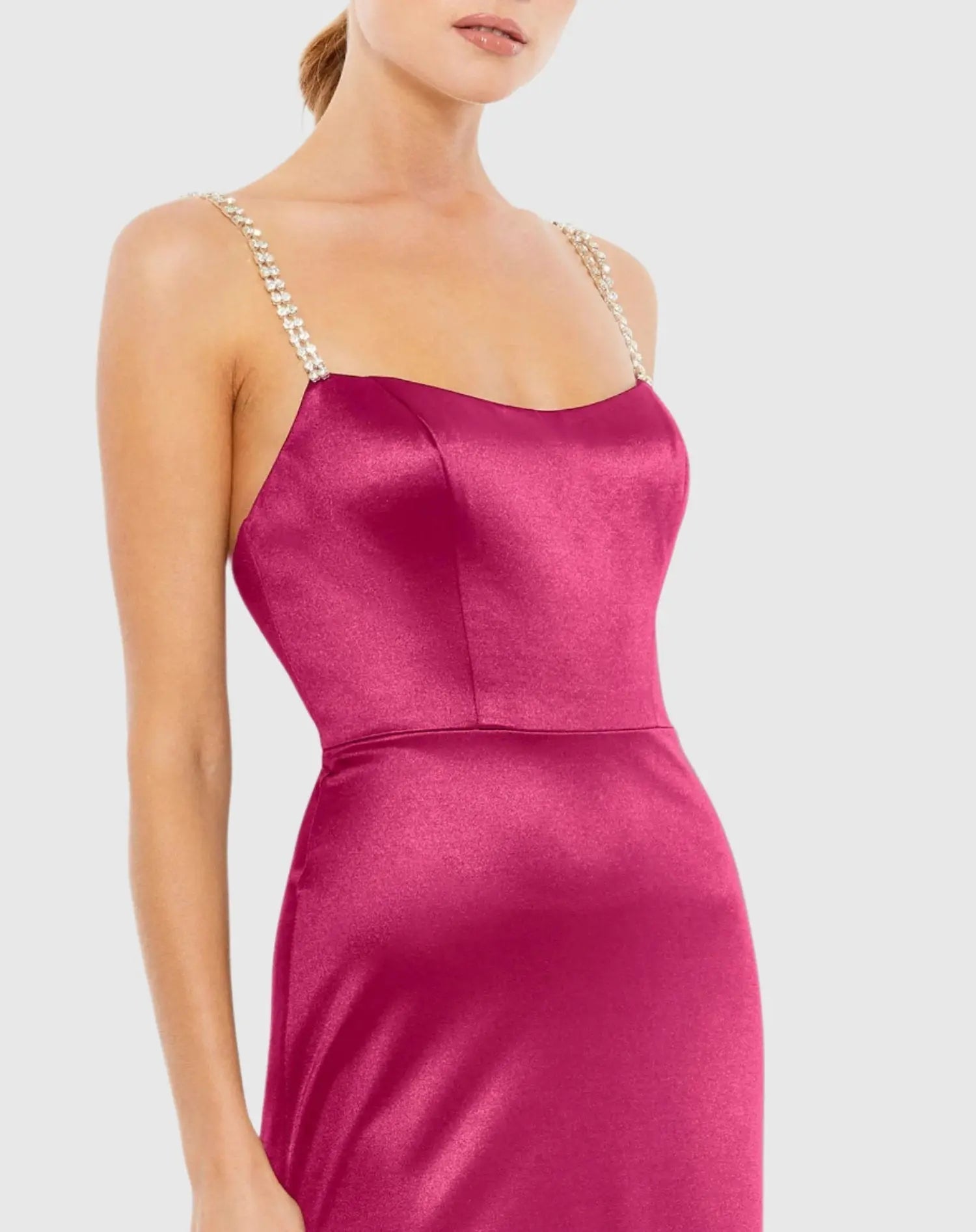 Pink Charmeuse Rhinestone Strap Trumpet Gown