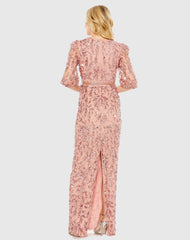 Pink Elbow Length Sleeve Embellished Gown