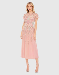 Pink Embellished Illusion High Neck Butterfly Sleeve Midi Dress