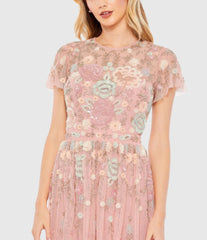 Pink Embellished Illusion High Neck Butterfly Sleeve Midi Dress