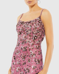 Pink Floral Embellished Scoop Neck Evening Gown