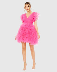Pink Flutter Ruffle Sleeve Tiered Dress