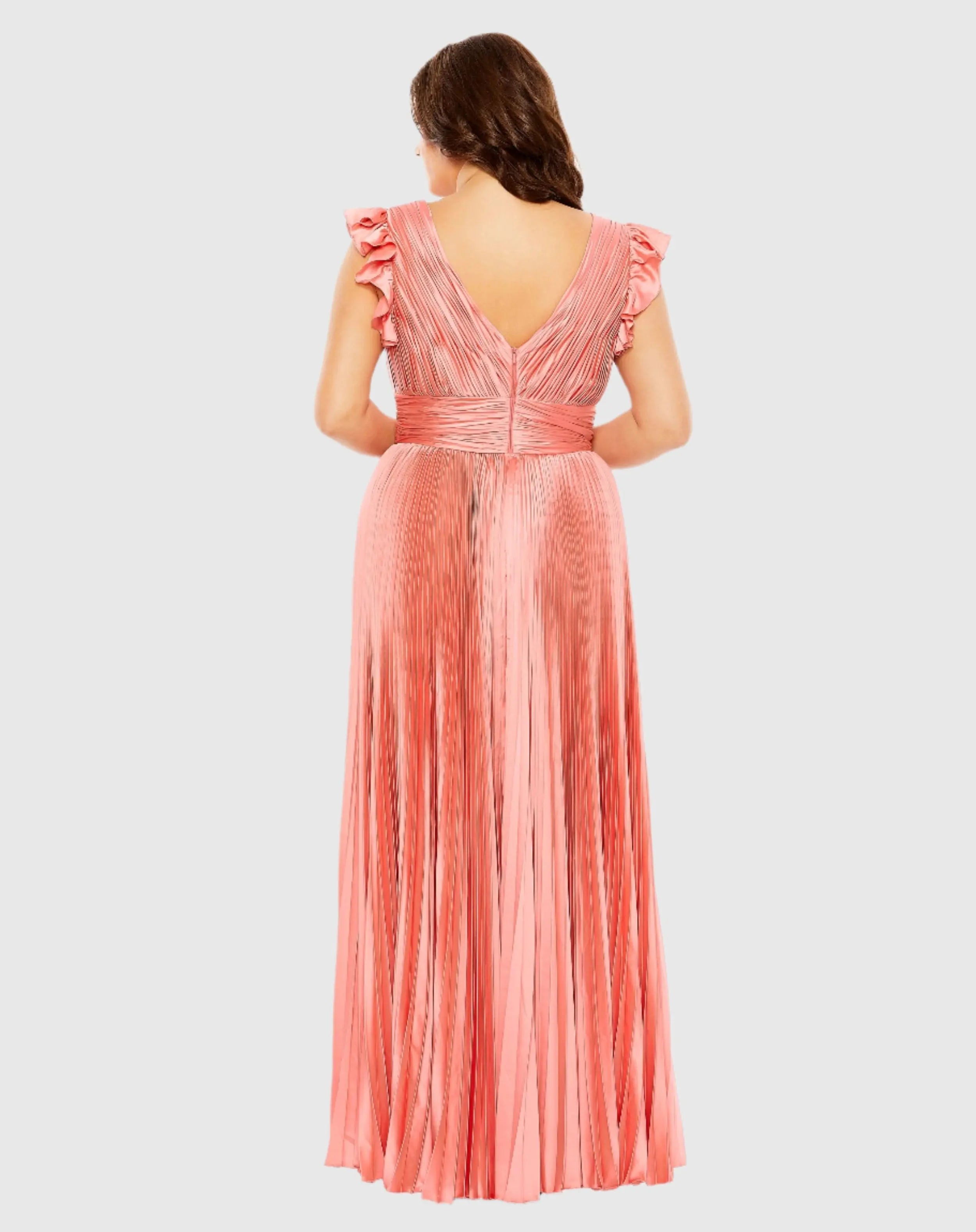 Pink Flutter Sleeve Pleated V-Neck Gown (Plus)