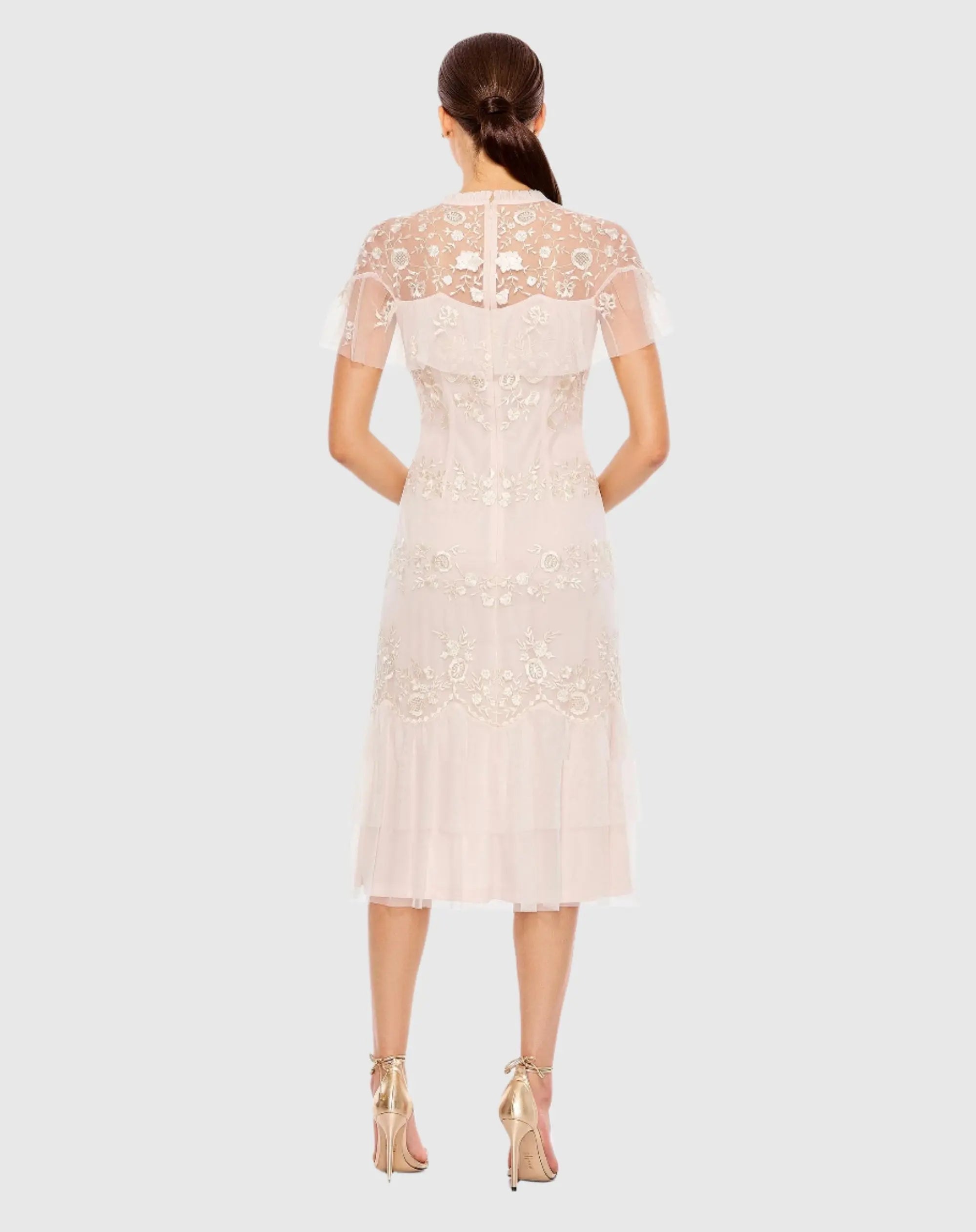 Pink High Neck Mesh Tier Embroidered Dress