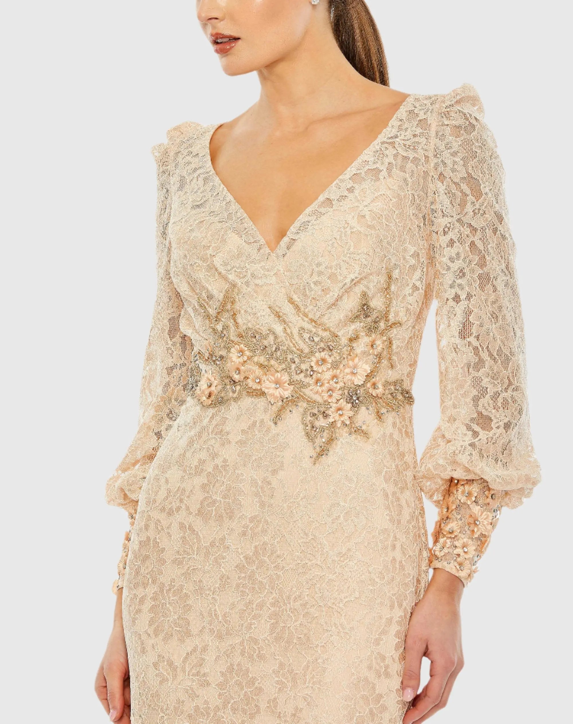 Pink Lace Long Sleeve V Neck Embellished Gown