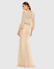 Pink Lace Long Sleeve V Neck Embellished Gown