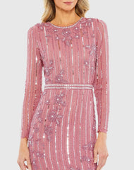 Pink Long Sleeve Embellished Tea Length Dress