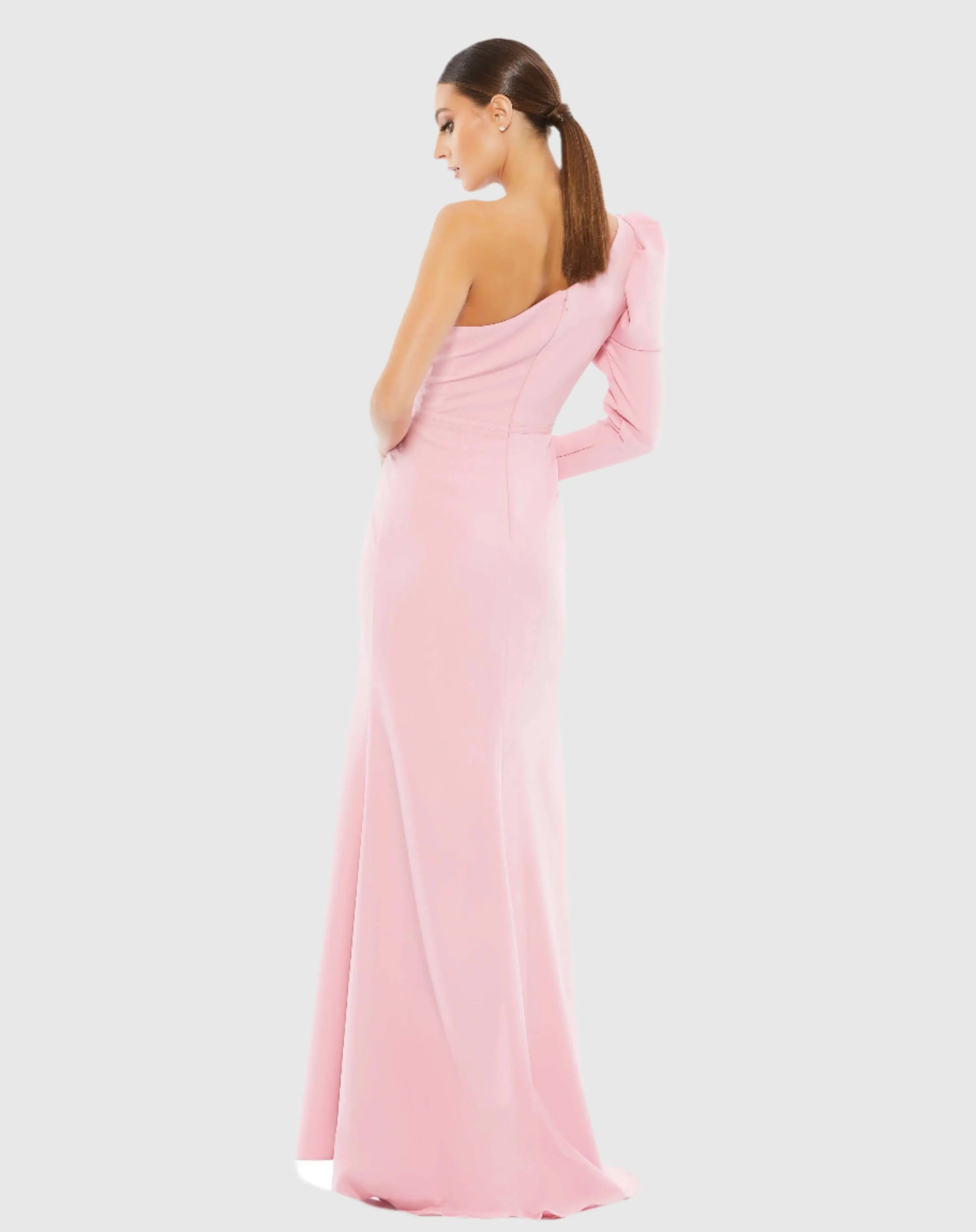 Pink One Shoulder Puff Sleeve Gown