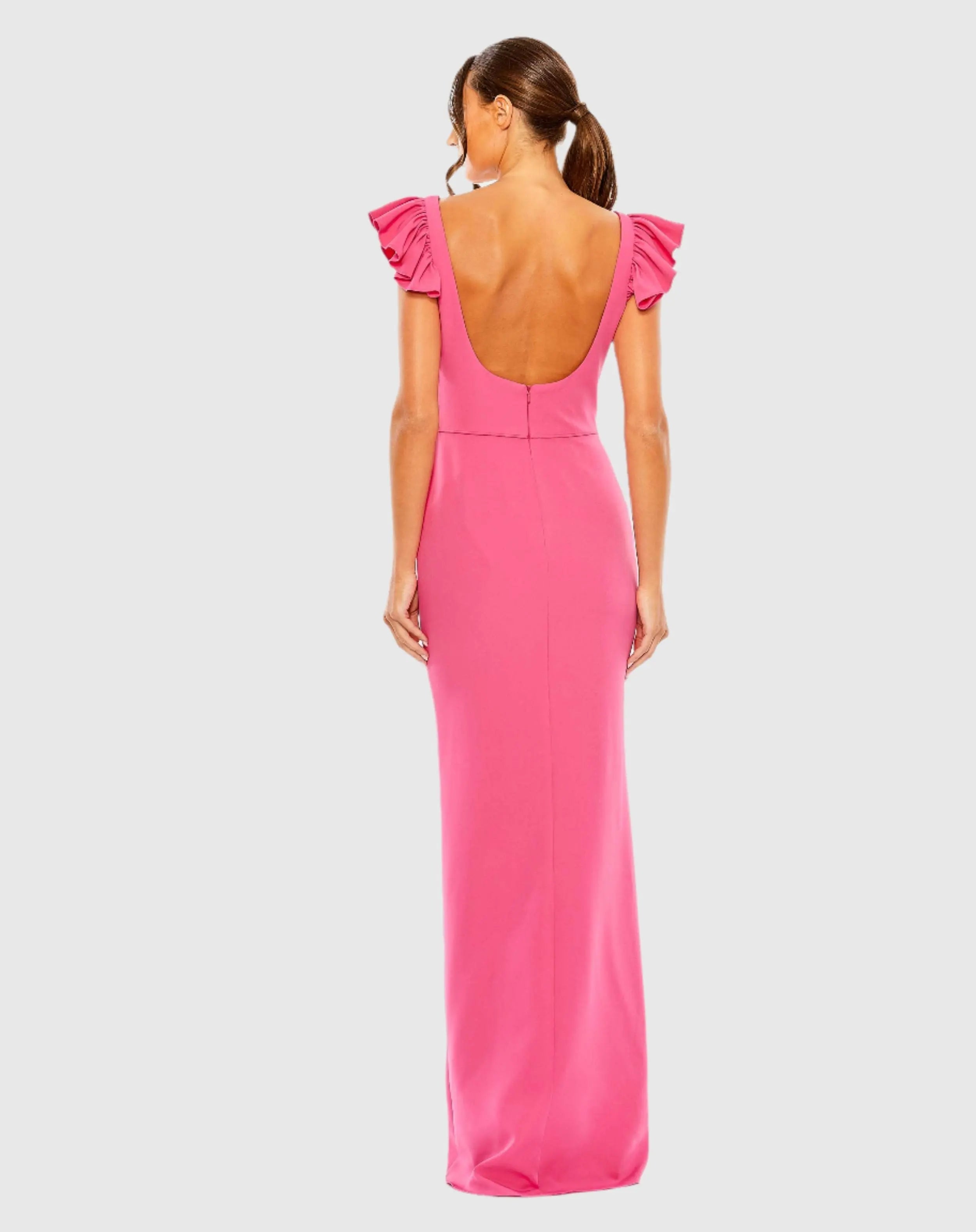 Pink Ruffle Cap Sleeve Open Back Column Gown