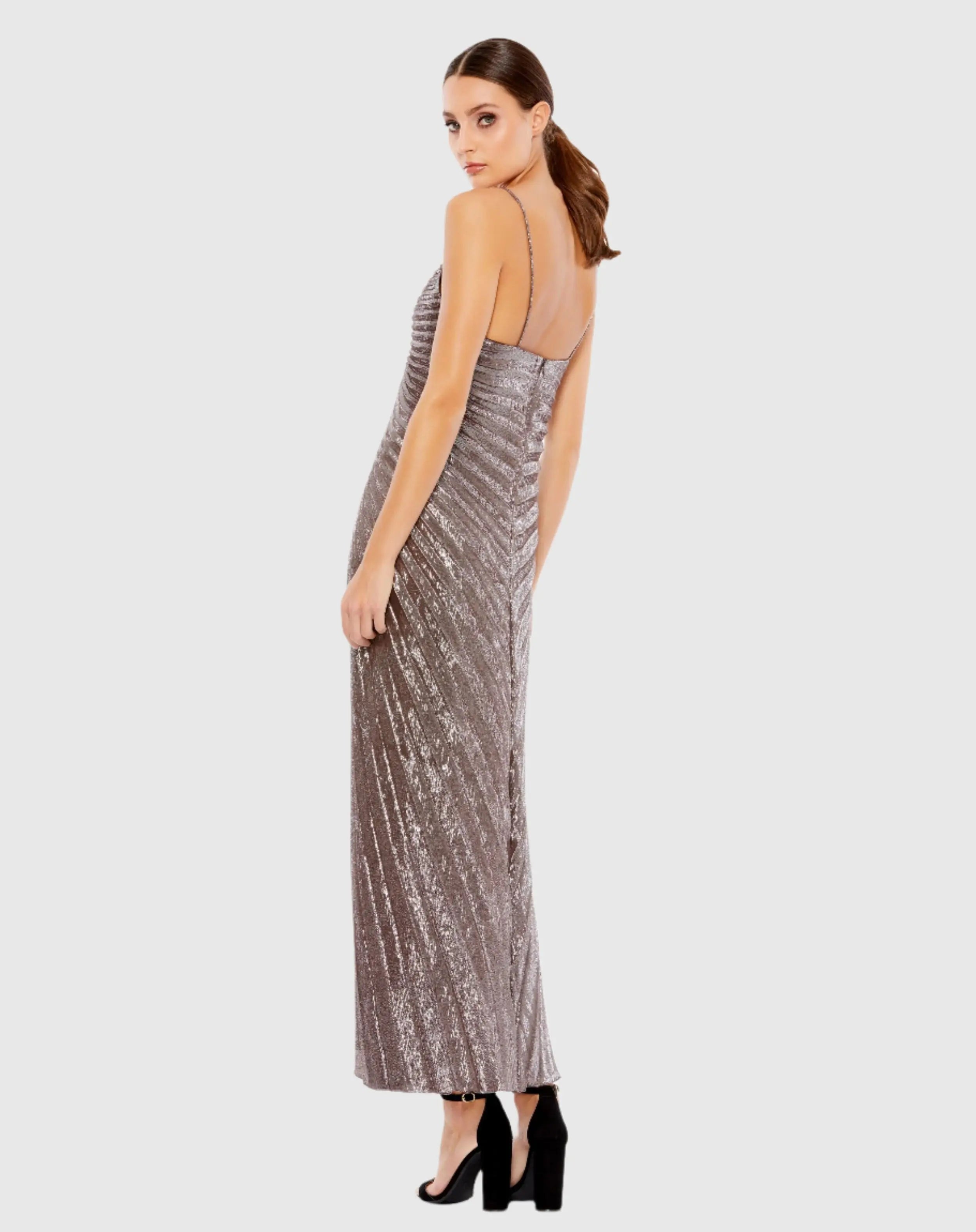 Pleated Metallic V-Neck Maxi Dress
