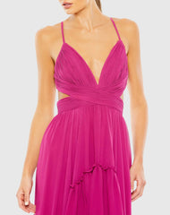 Pink Pleated High-Low A-Line Gown with Ruffles