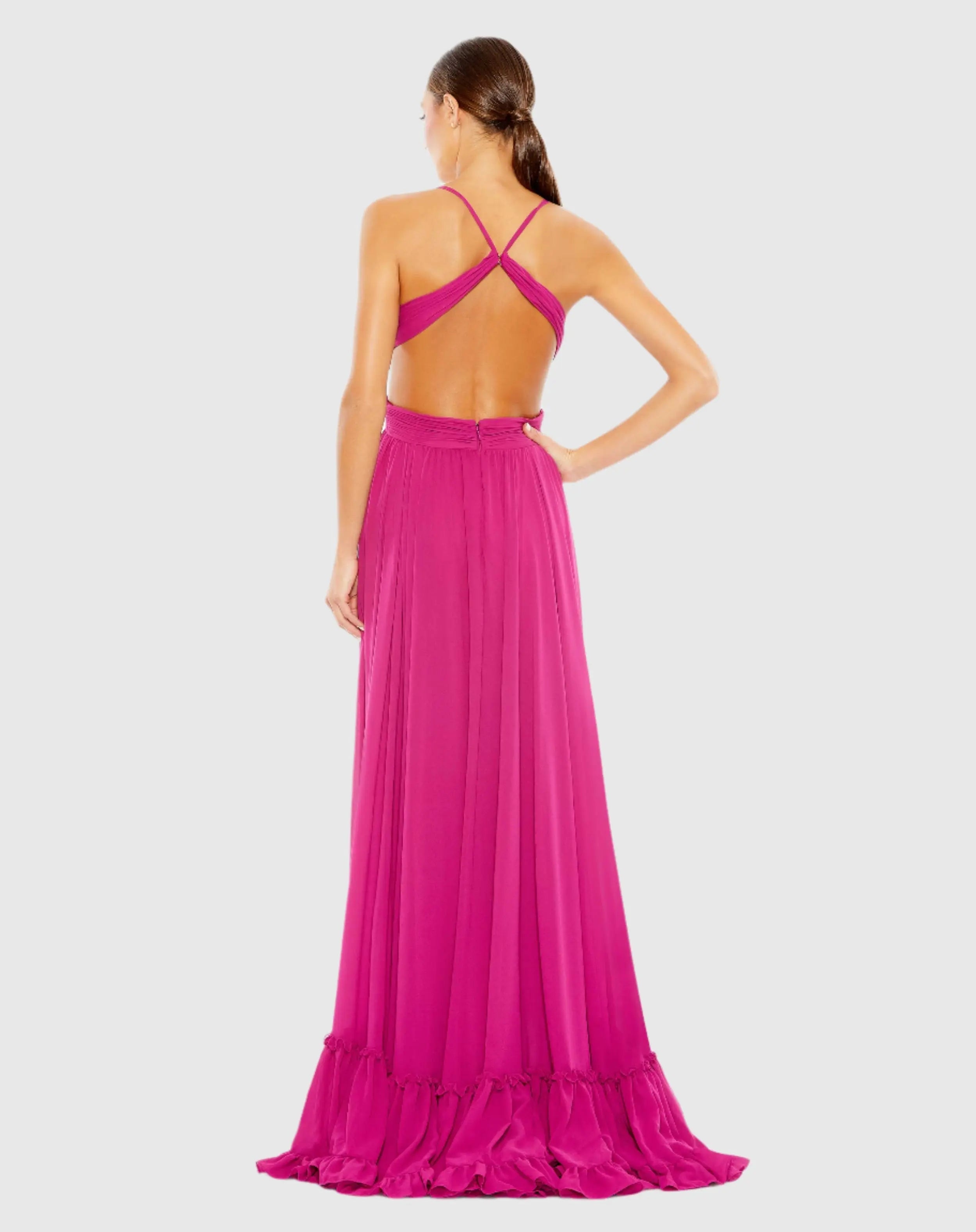 Pink Pleated High-Low A-Line Gown with Ruffles