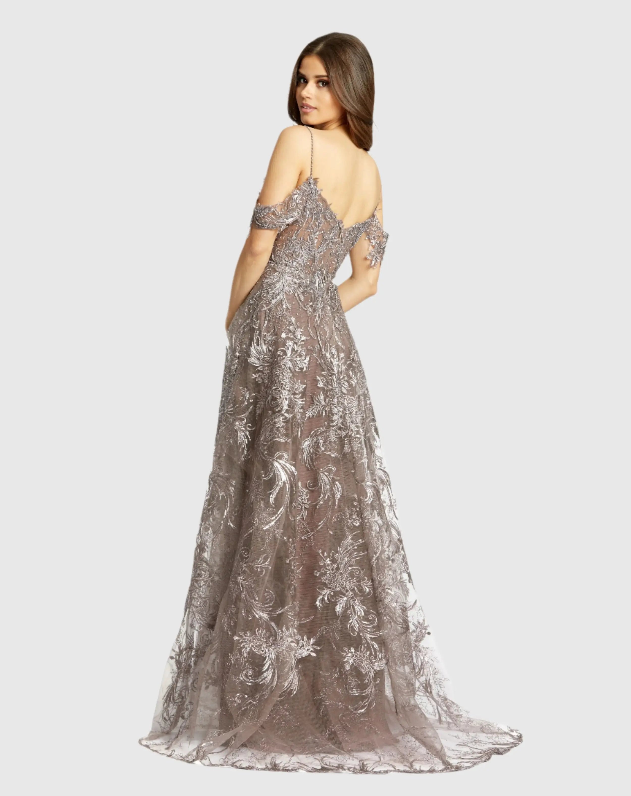 Purple Embellished Cold Shoulder Sweetheart A Line Gown