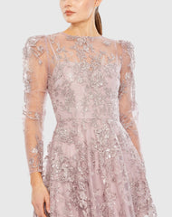 Purple Embroidered Illusion High Neck A Line Dress