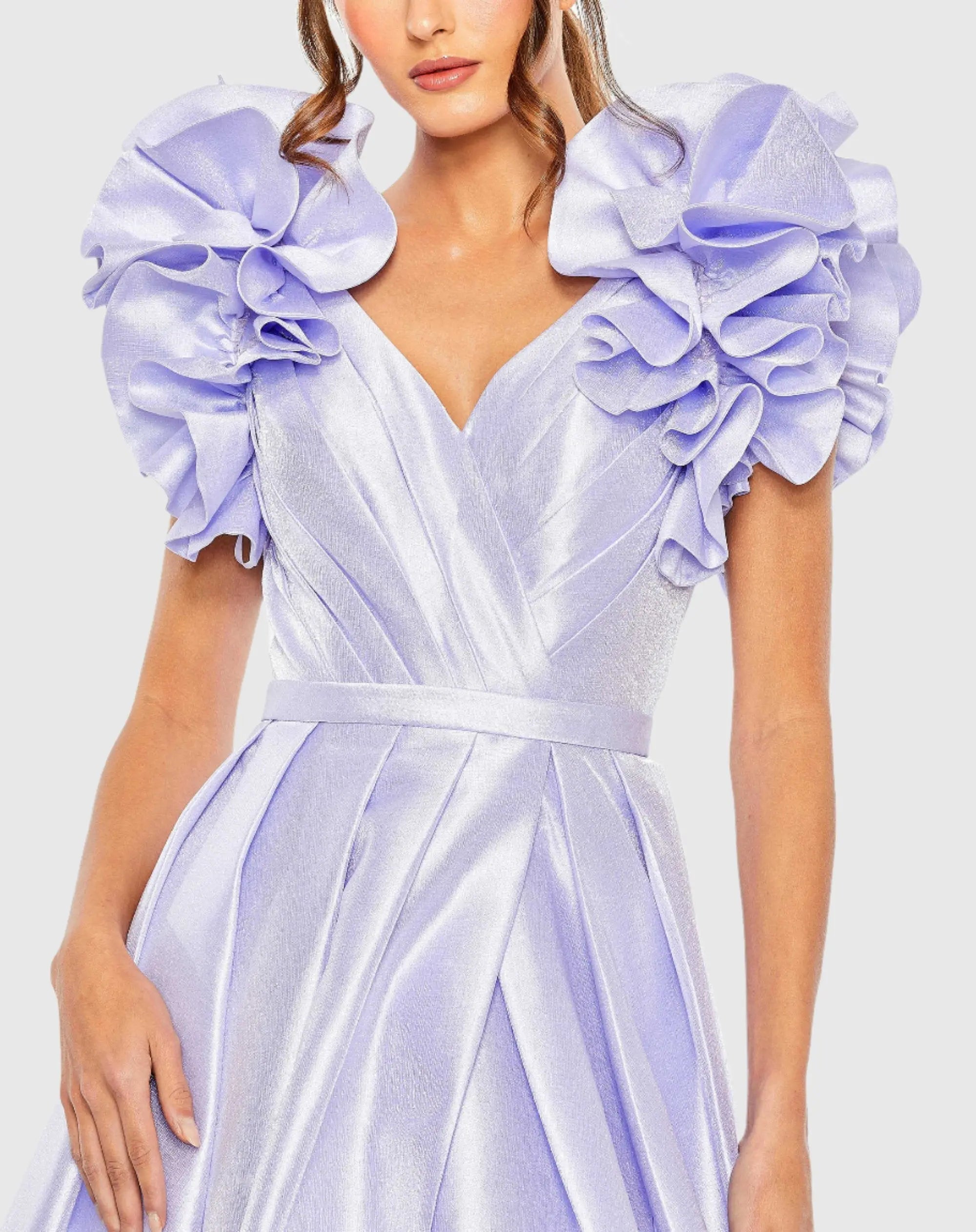 Purple Flutter Sleeve V-Neck Ballgown with Slit