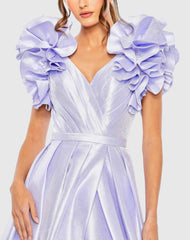 Purple Flutter Sleeve V-Neck Ballgown with Slit