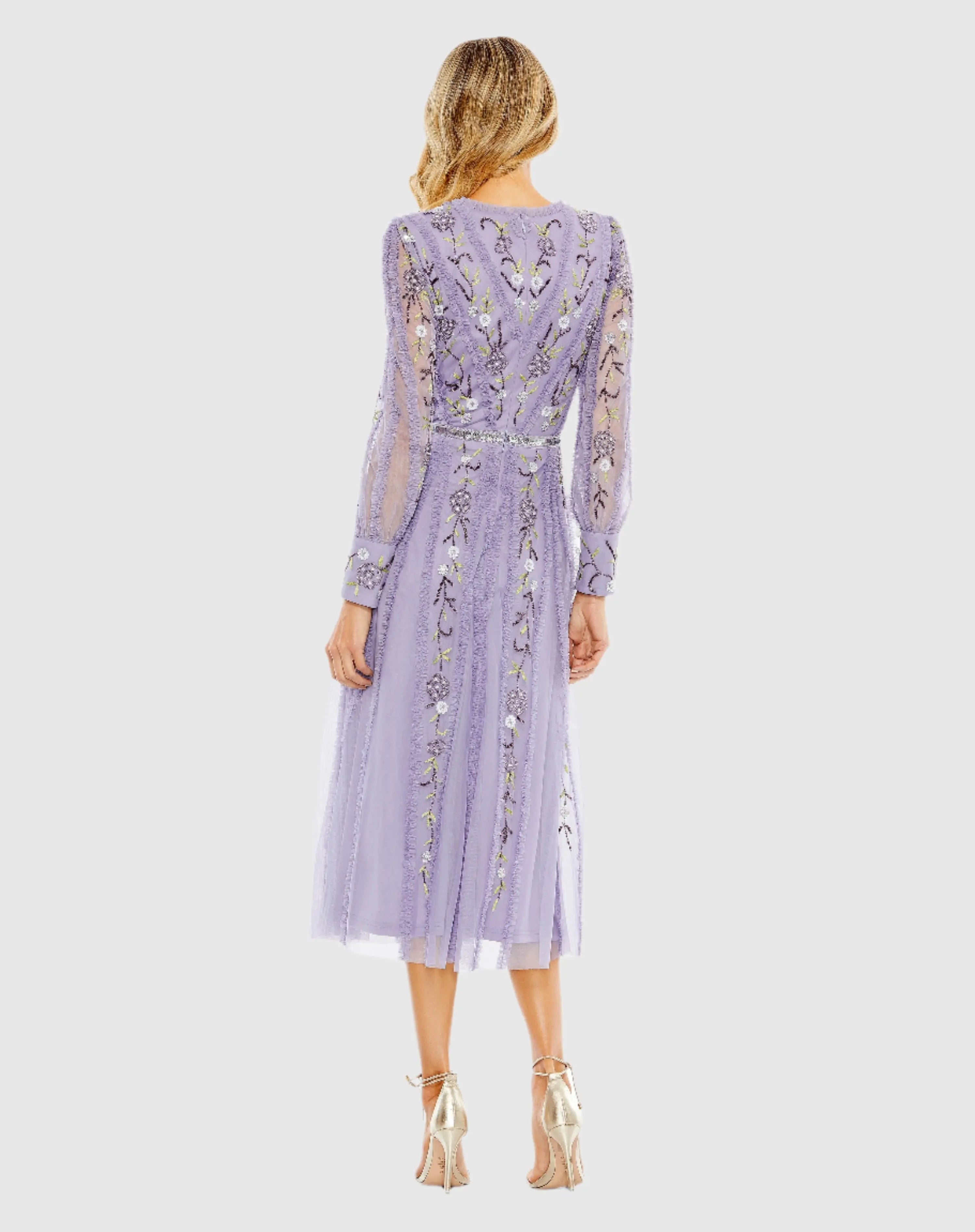 Purple Long Sleeve Embroidered Wrap Midi Dress