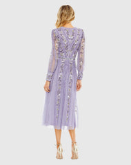 Purple Long Sleeve Embroidered Wrap Midi Dress