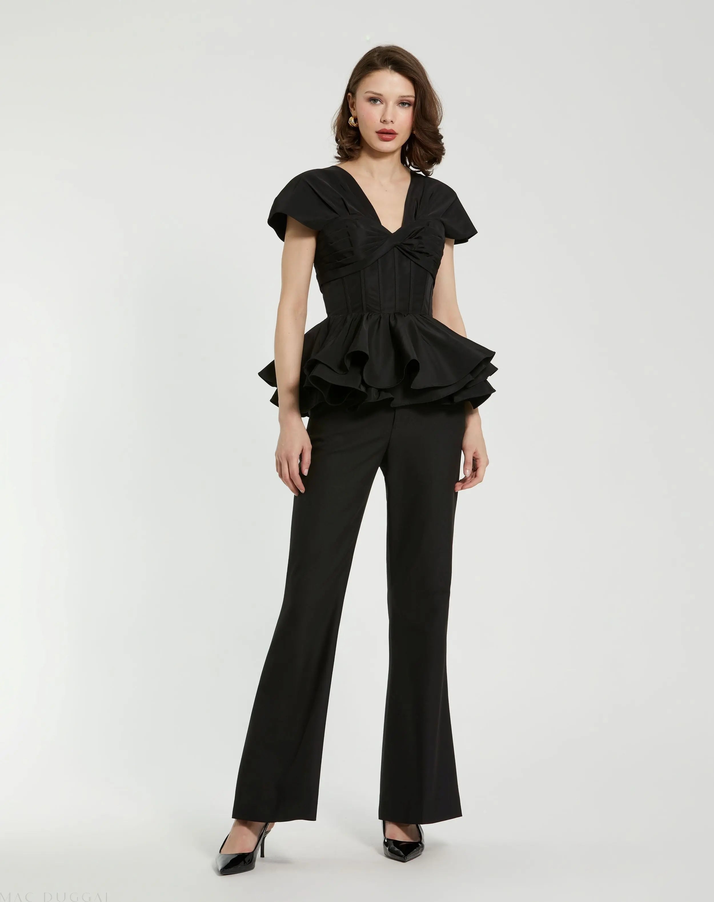 Black Faille Twist Bustier Peplum Top