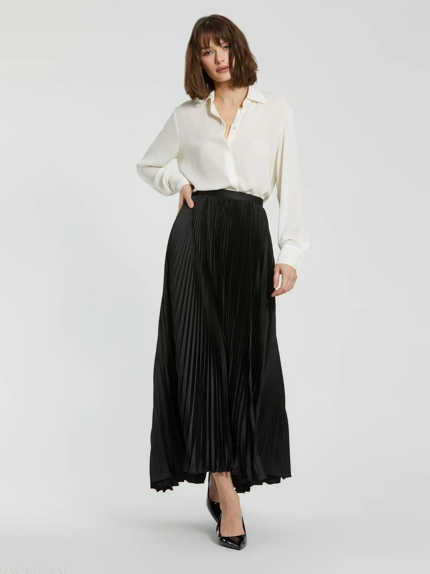 Black Ankle Length Satin Pleated Skirt