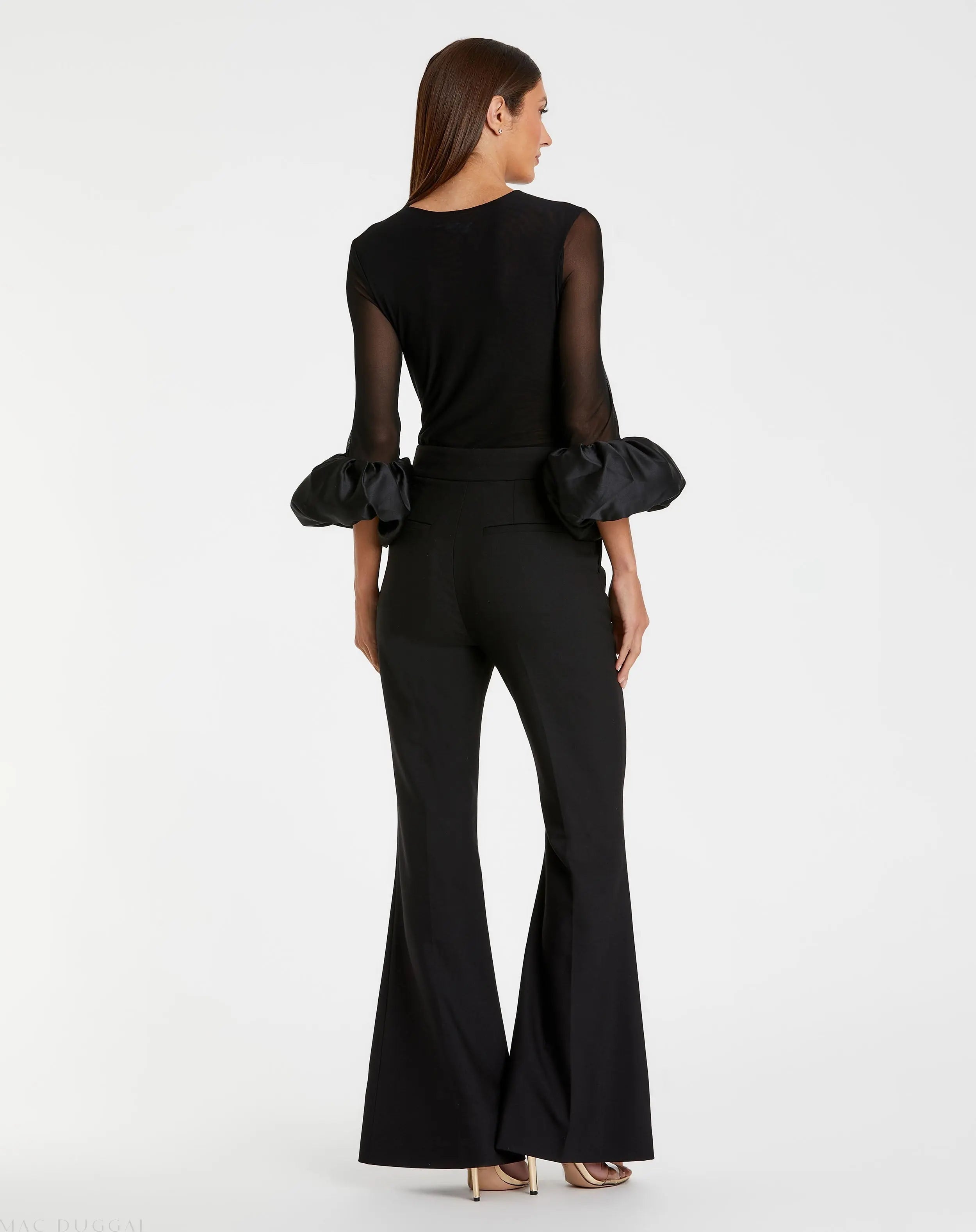 Black Mesh Long Sleeve Bodysuit With Satin Puff Sleeve - FINAL SALE