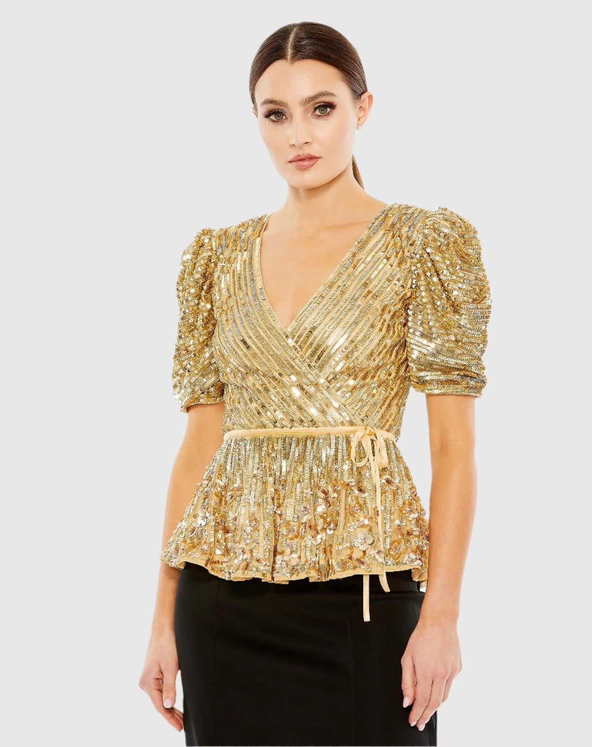 Gold Sequined Puff Sleeve Faux Wrap Top - FINAL SALE