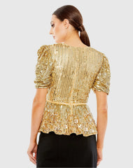 Gold Sequined Puff Sleeve Faux Wrap Top - FINAL SALE