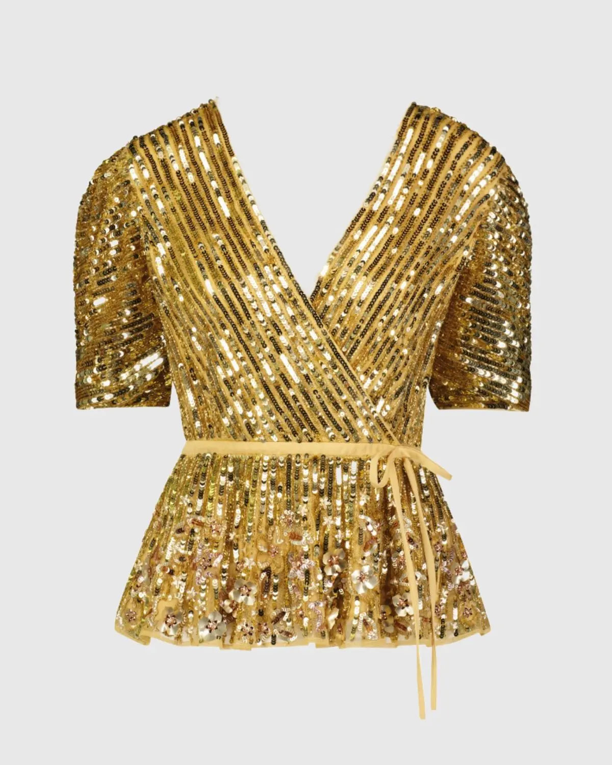 Gold Sequined Puff Sleeve Faux Wrap Top - FINAL SALE