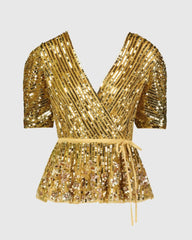 Gold Sequined Puff Sleeve Faux Wrap Top - FINAL SALE