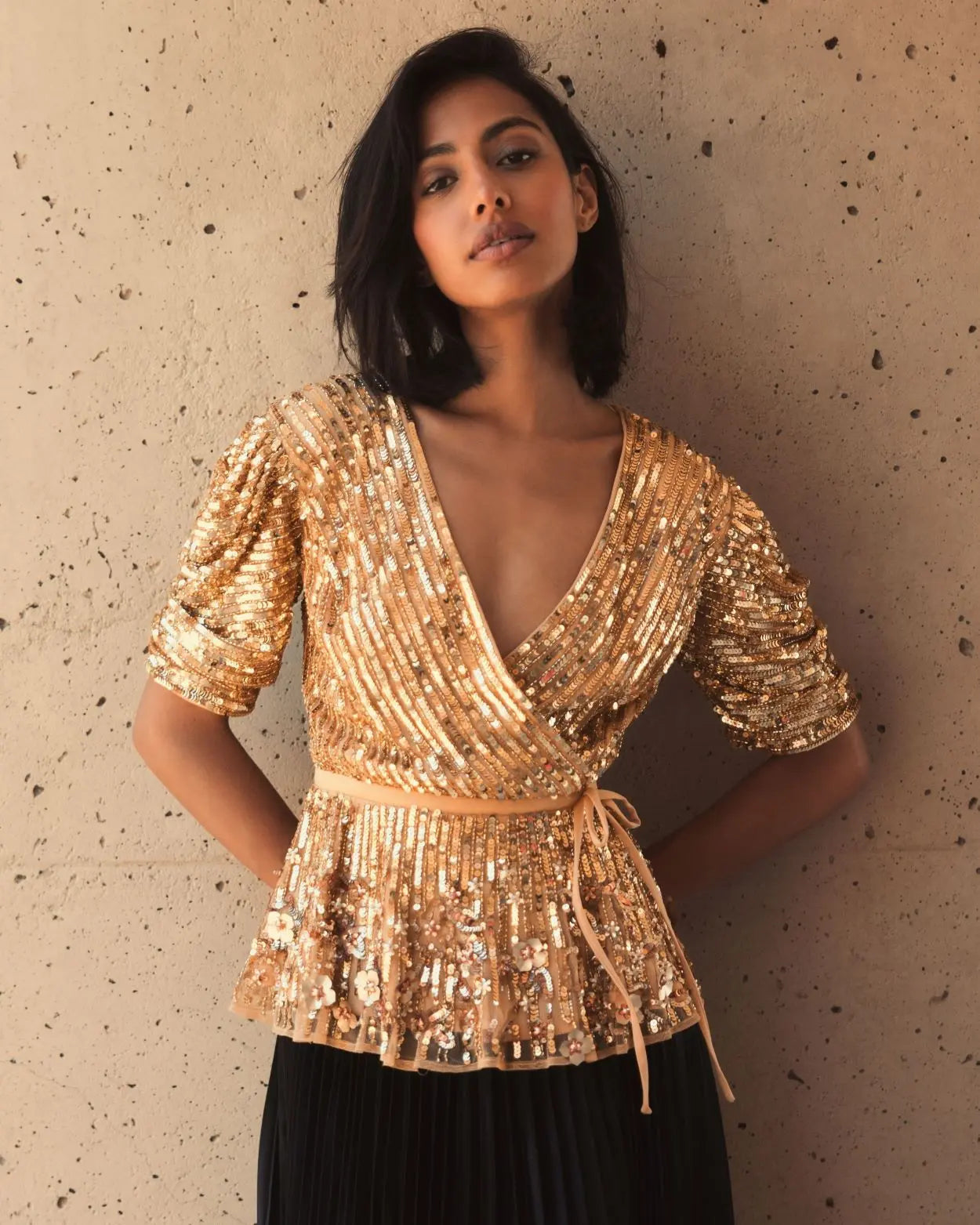 Gold Sequined Puff Sleeve Faux Wrap Top - FINAL SALE