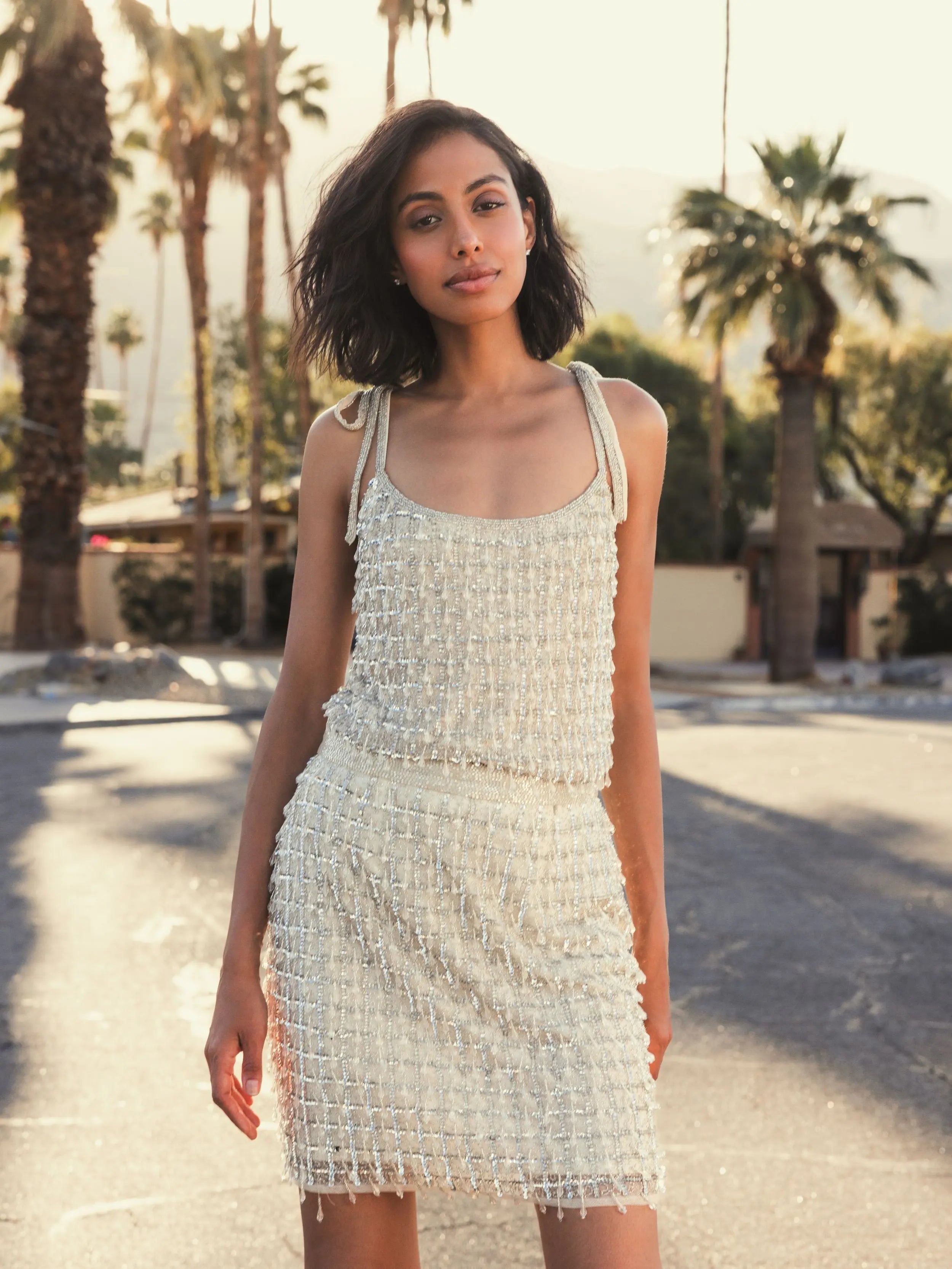 Silver and Beige Hand Beaded Mini Skirt - FINAL SALE