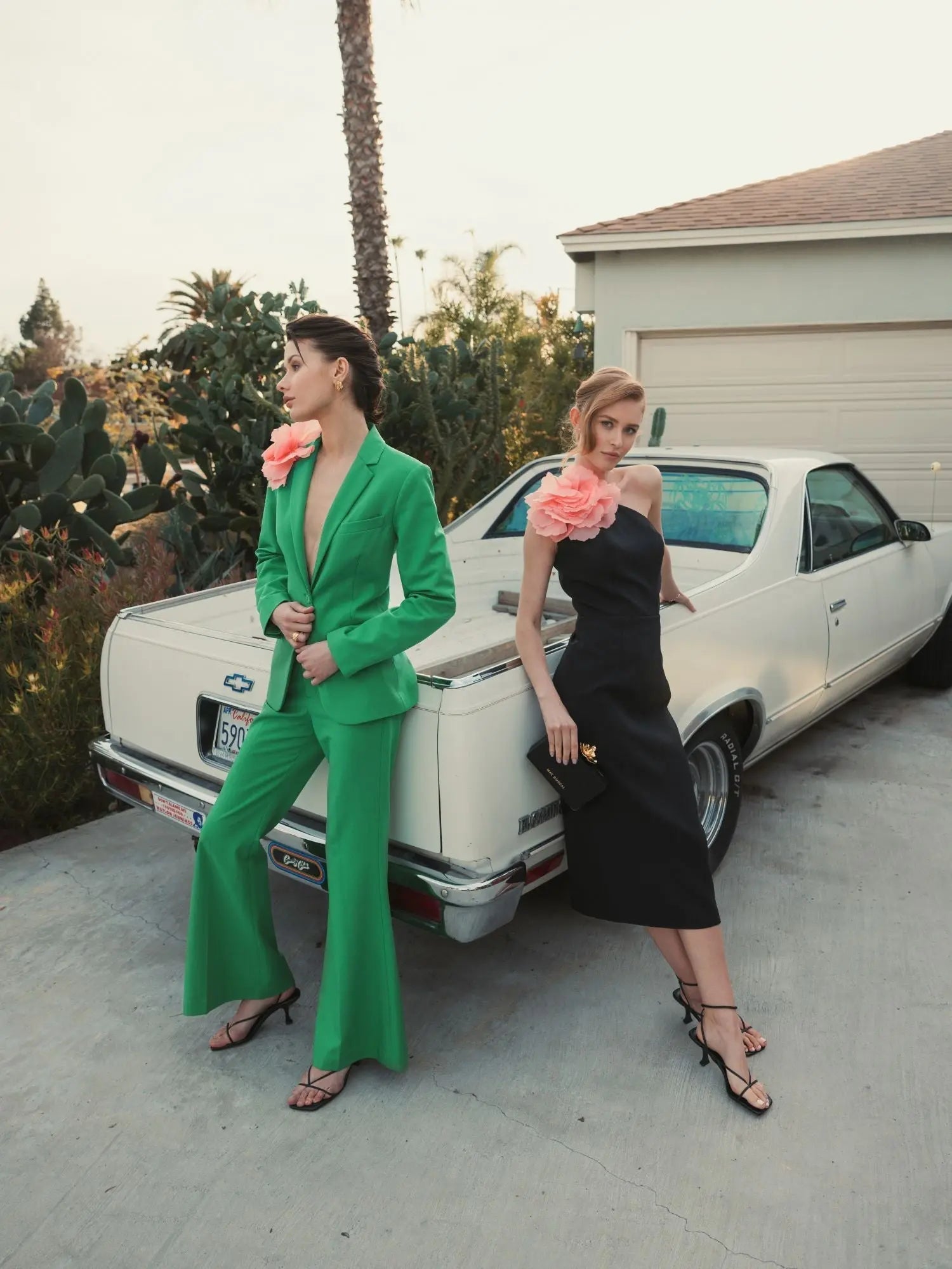 Black Crepe One Shoulder Midi Dress With Flower