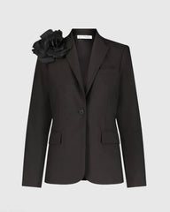 Black Classic Crepe Blazer Jacket With Flower - FINAL SALE