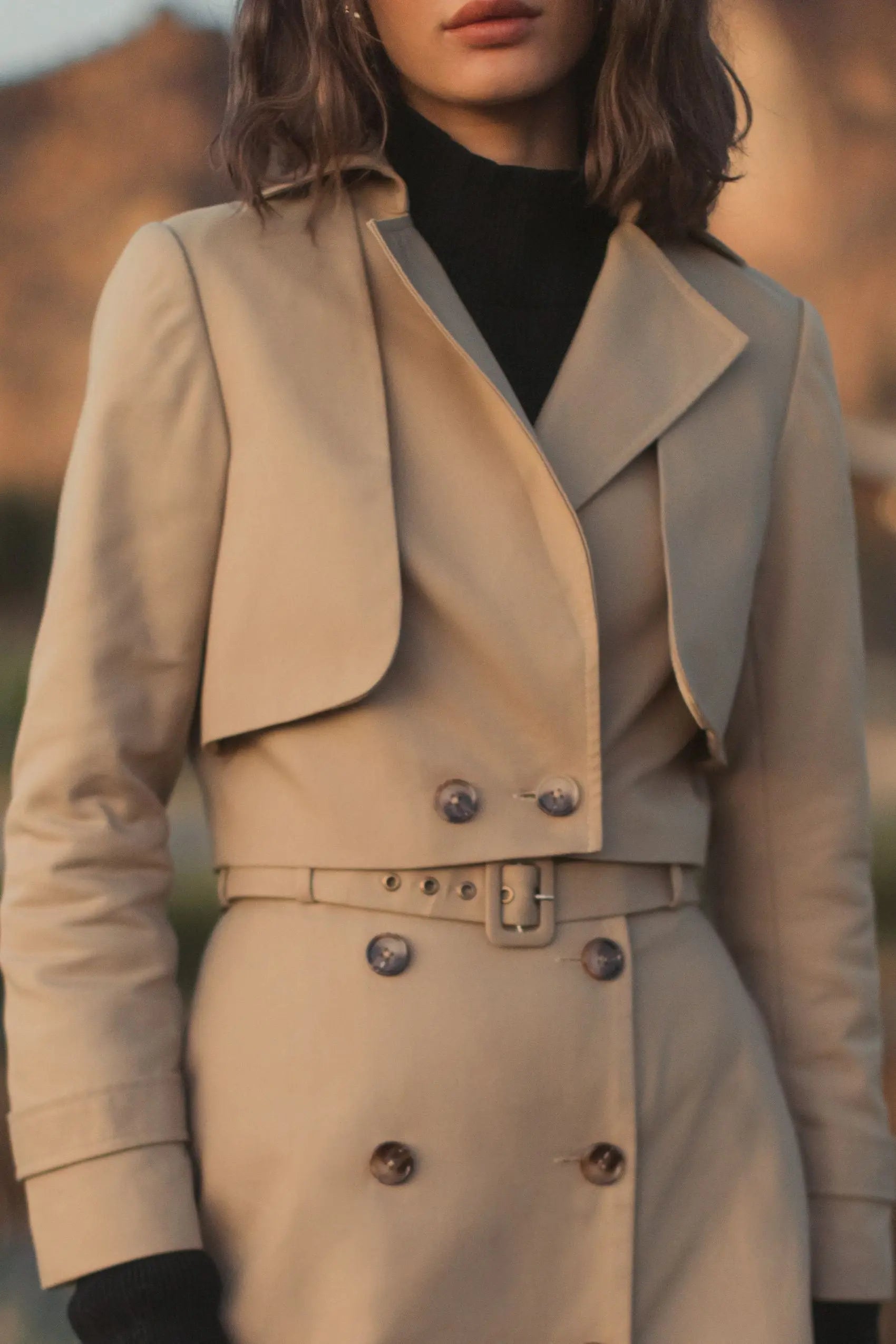 Beige Twill Cropped Tailored Trench Jacket