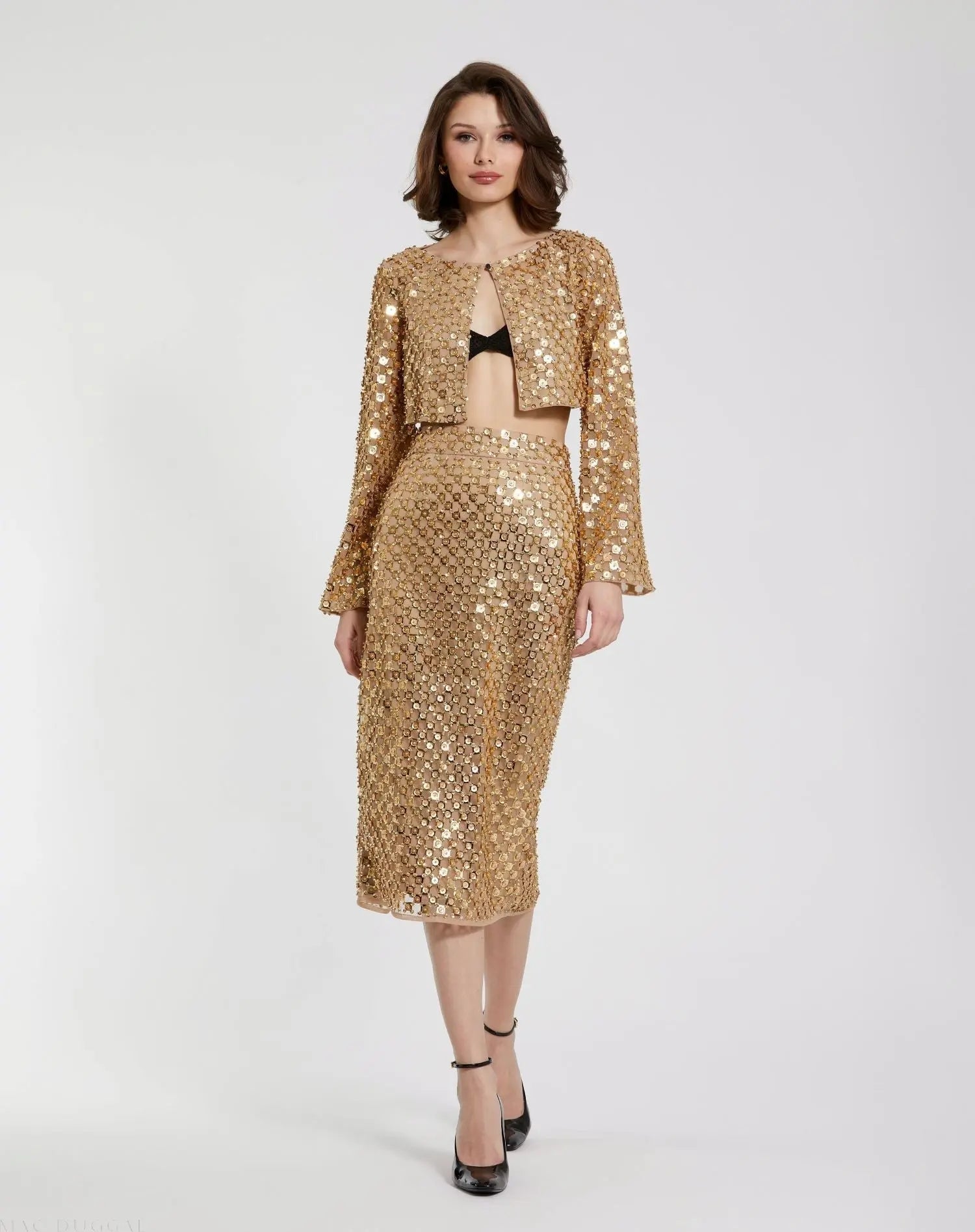 Gold Georgette Embellished Fitted Midi Pencil Skirt