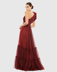 Red Organza One Shoulder Pleated Gown