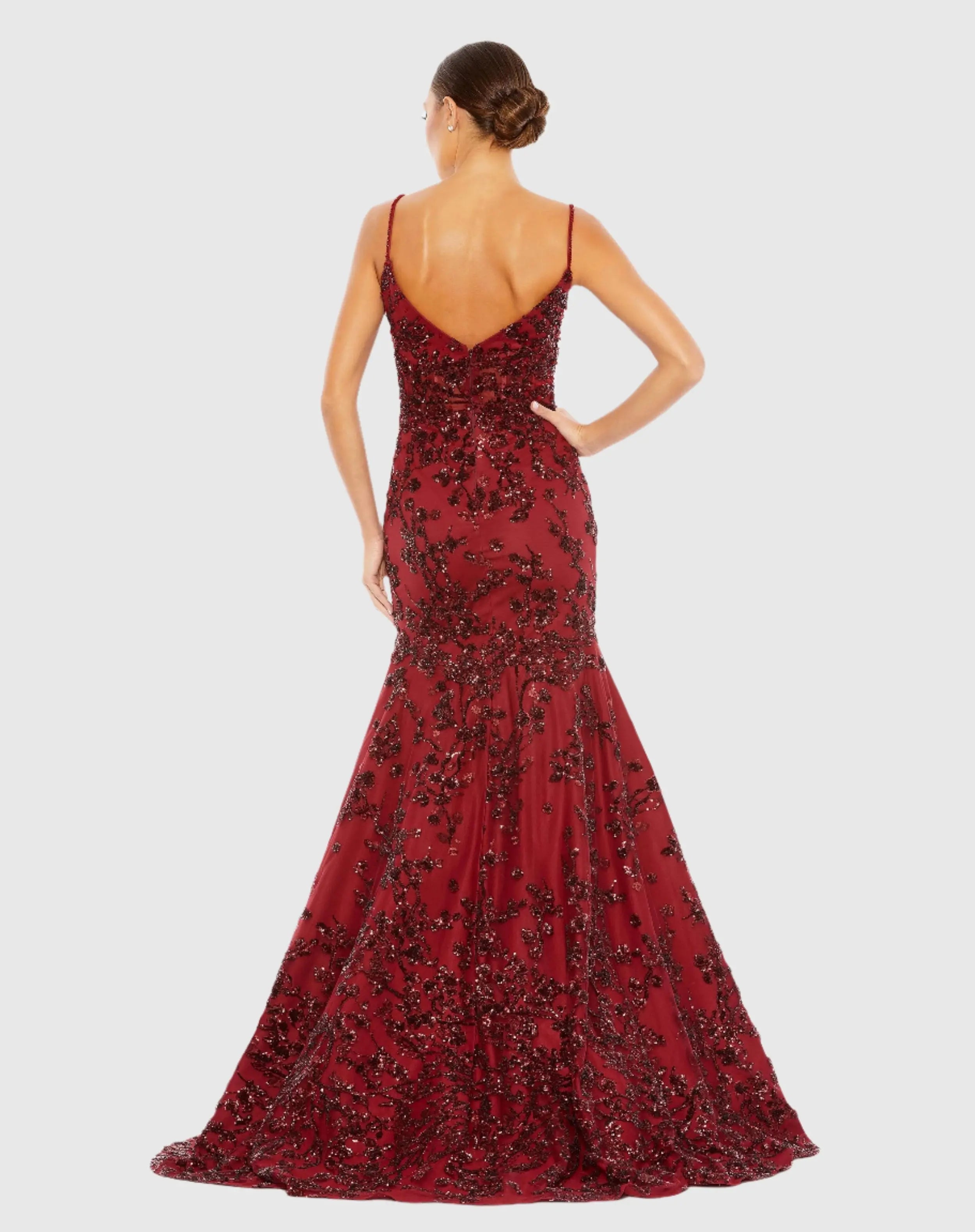 Red Sequined Illusion Corset Trumpet Gown