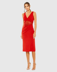 Red Sheer Mesh Caged Midriff V-Neck Jersey Midi Dress